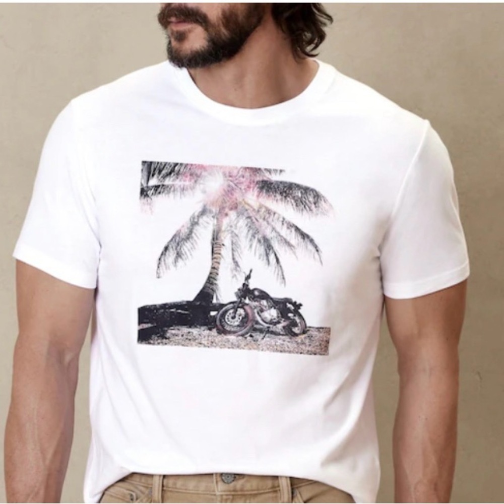 Banana Republic White Tee with Palm Tree and Motorcycle Graphic - Size XL
